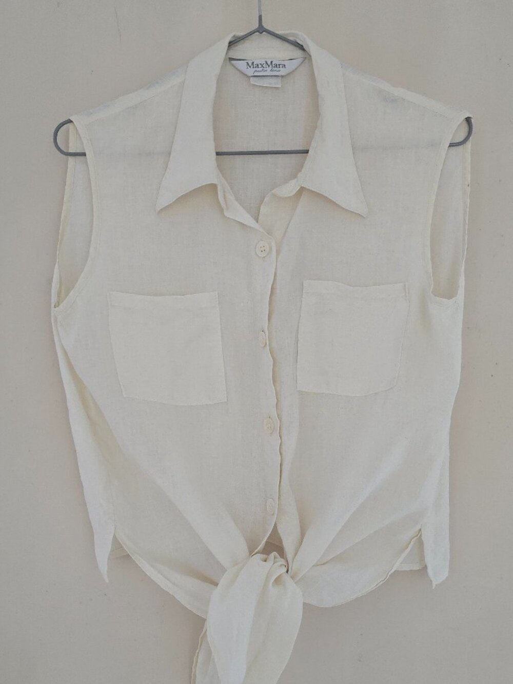 Maxmara Pure Linen Off White Sleeveless Tie Front Button Down Blouse